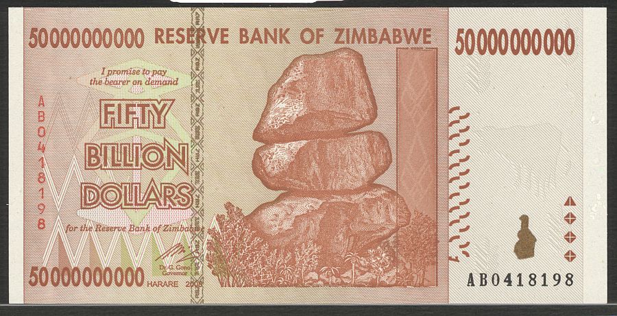 2008 Reserve Bank of Zimbabwe $50,000,000,000 Note (Fifty Billion Dollars), GemCU